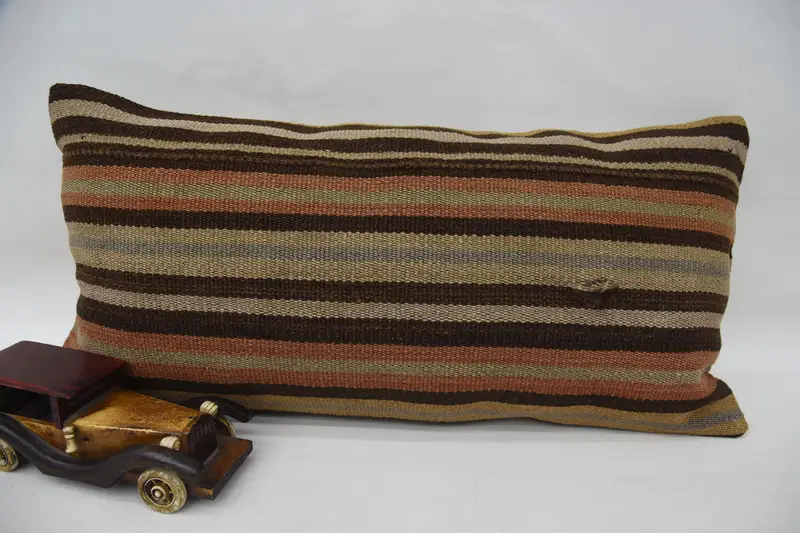 Rectangle Brown Vintage Pillow, Antique Art Deco 12x24 inch Striped Pillow Sham - 1