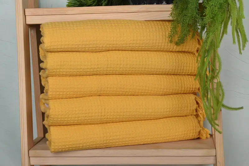 Custom Hand Towel Yellow Organic Cotton/Linen Waffle Dish Towel, 20x40 Inches