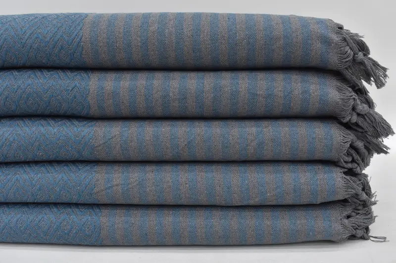 Turkish Blanket Petrol Blue Geometric Pattern, Cotton Throw 102x78 Inches