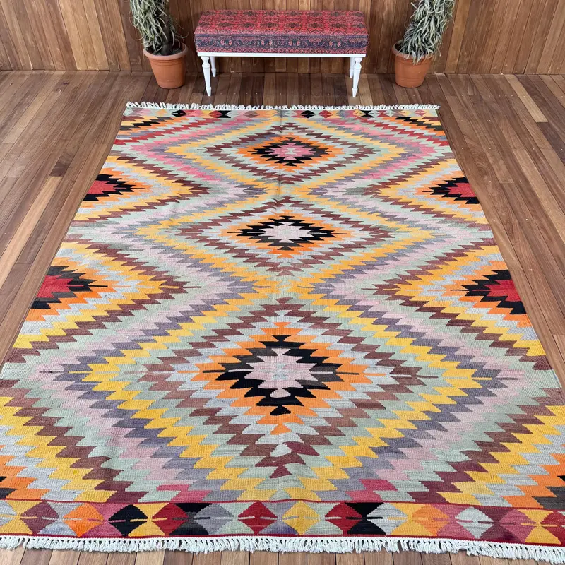 Turkish Vintage Oversize Rug 7.5x9.9 ft, Yellow Red Check Rug - 1