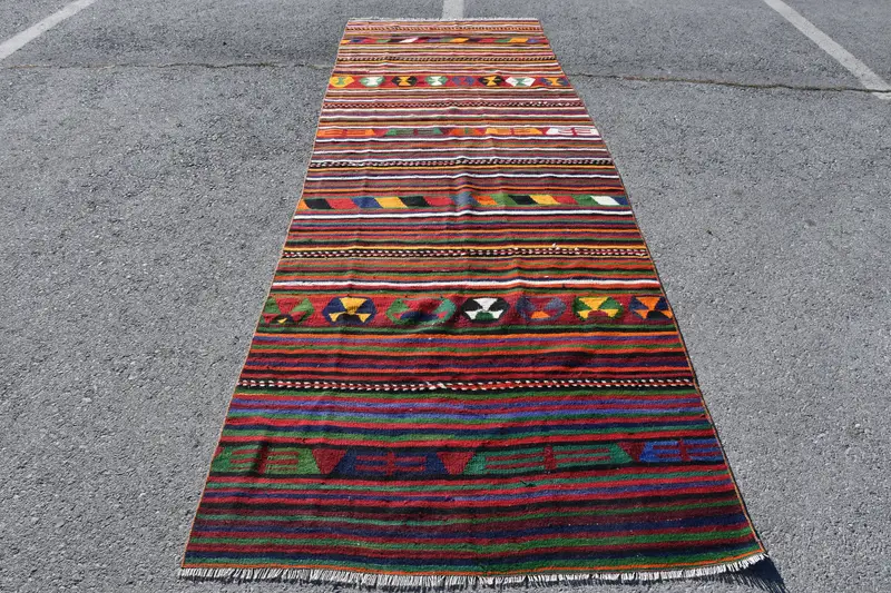 4.2x12.5 ft Runner Turkish Rug, Vintage Rug, Red Blue Solid Wool Rug - 1