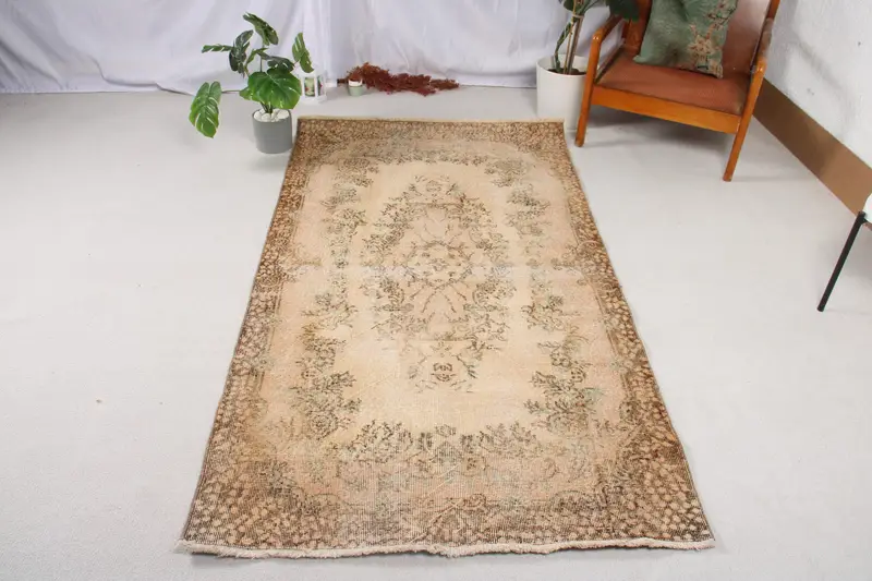 3.8x6.9 ft Vintage Halı, Oushak Halı, Kahverengi Kamuflaj Halı Yün - 1