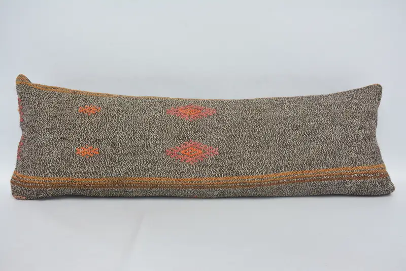 Handgefertigtes braunes und orangefarbenes Blumenkissen, 12x36 Wurfkissen