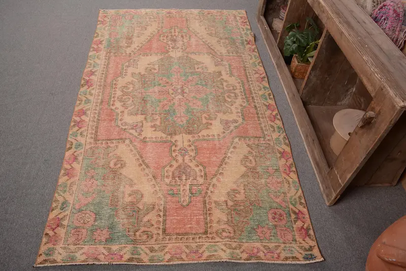 Handmade Red & Beige Rug, 3.7x7 ft Geometric Floral