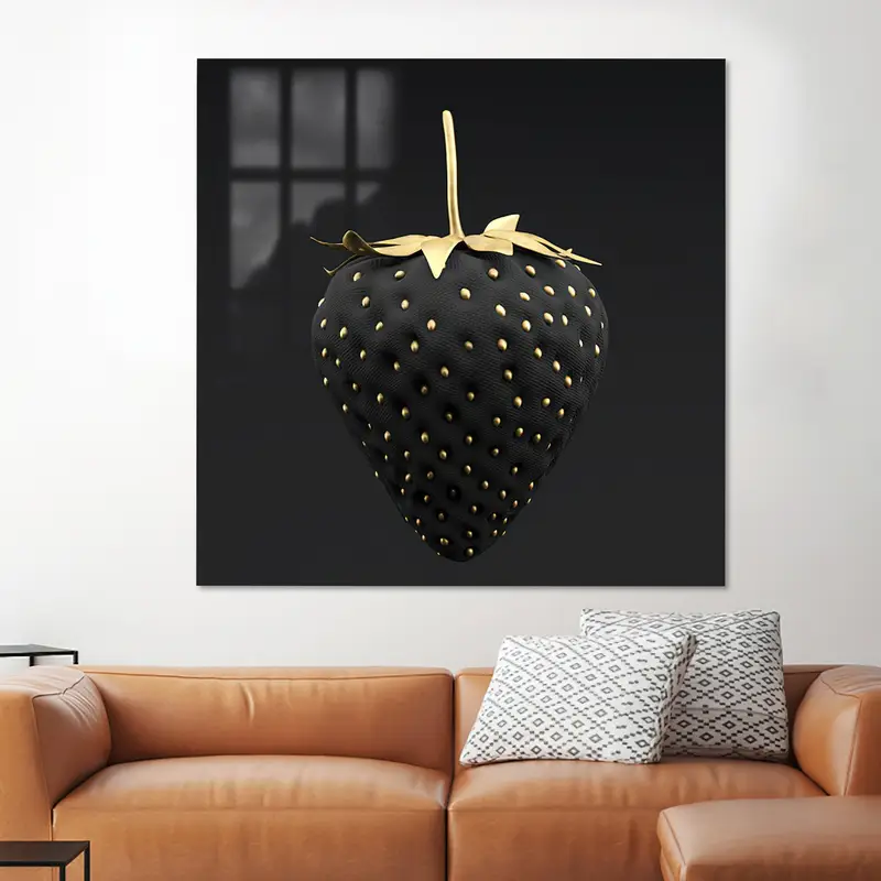 Zarif Siyah Ve Altın Çilek Baskılı Kanvas Tablo