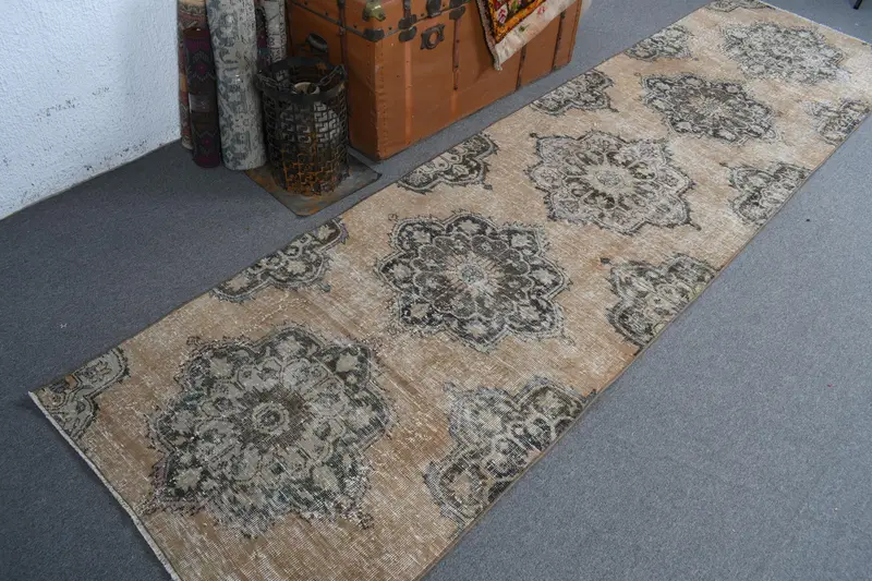 2.9x10.8 ft Rug, Turkish Vintage Rug, Brown Oushak Wool Rug - 1