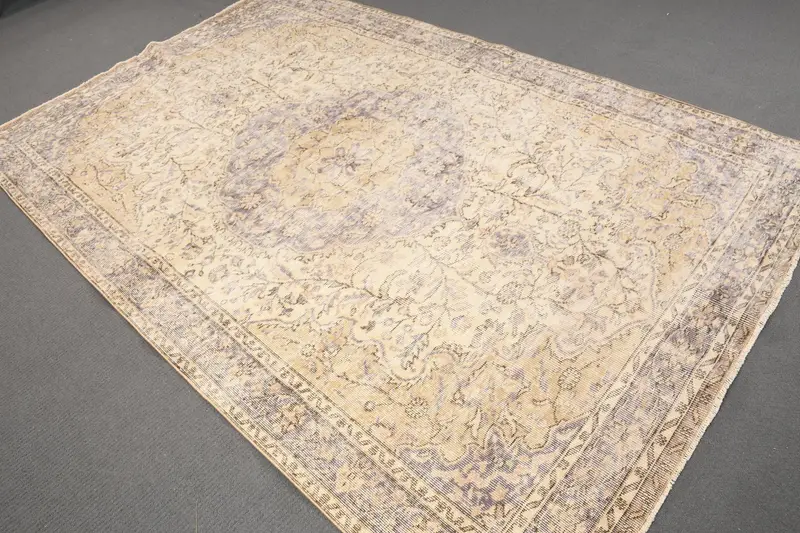 Turkish Large Rug 5.9x9 ft, Beige Blue Ikat Rug Wool - 1