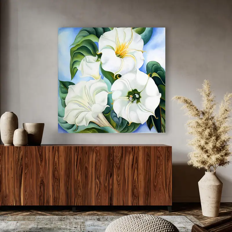 Elegantes bedrucktes Glas: Weiße Blume, grünes Blatt, Datura-Thema