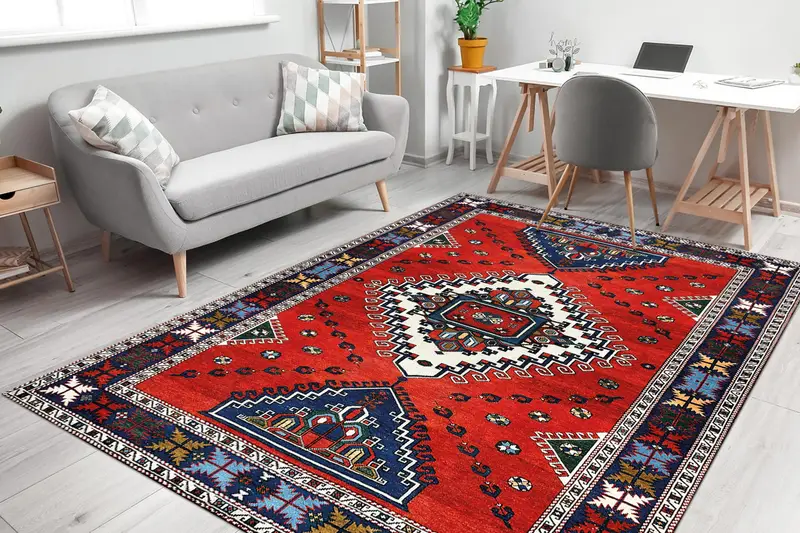 エレガントなプリントラグ：レッド、ブルー、ベージュのトルコヴィンテージパターン