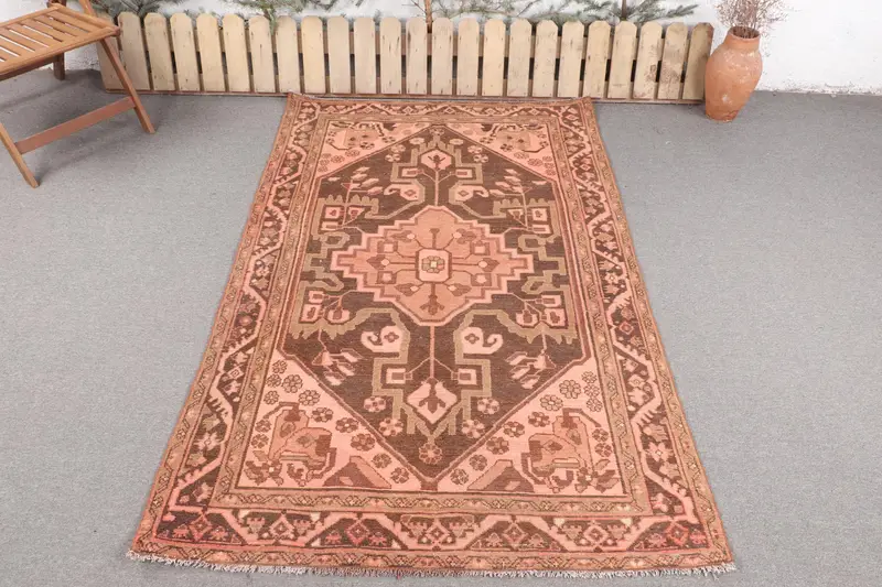 Handmade Orange Rug, 4,5x7,1 ft Striped Geometric Design