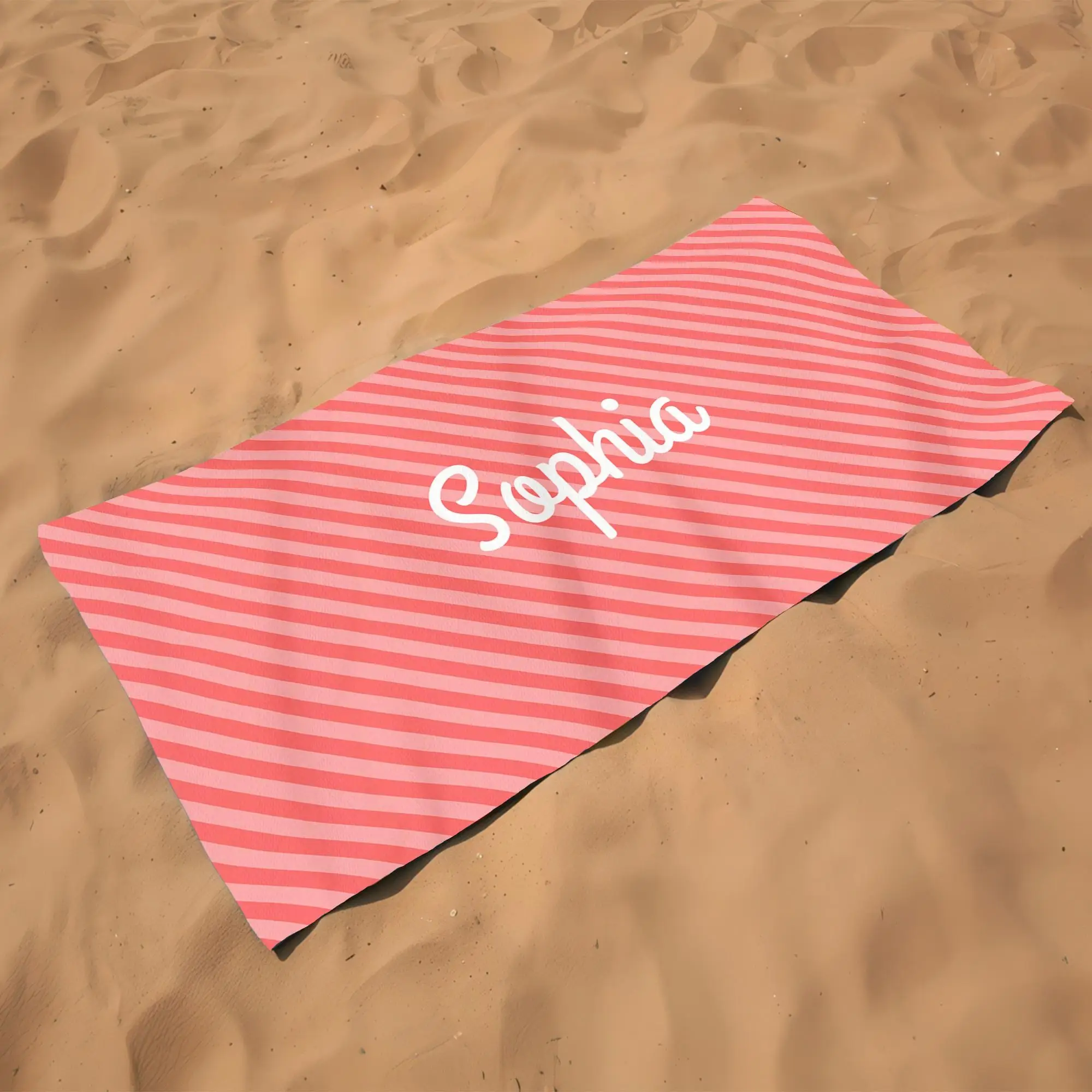 Personalized Turkish Beach Towel Pink Stripes Beige, 28x53 Inches - 1