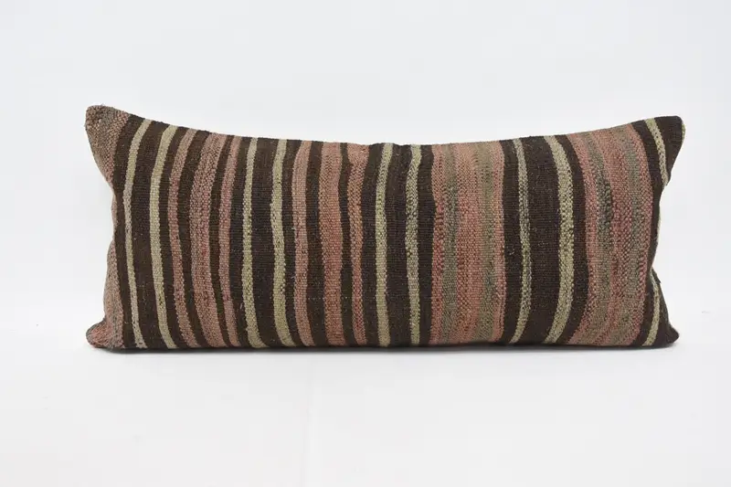 Turkish Gift 16x36 inch Pillow, Handwoven Striped Lounge DesignerBeige Pillow Sham - 1