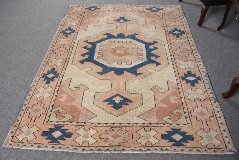 5.2x6.9フィートのオレンジ&ブルーのオリエンタルラグ、ユニークなデザイン