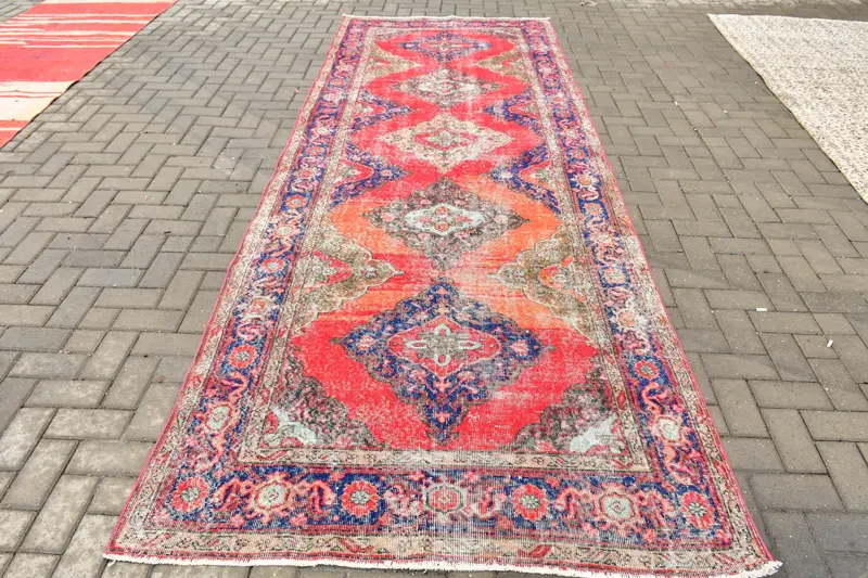 4,6x12,9 ft Läufer Türkischer Teppich, Vintage Teppich, rot blau gestreifter Wollteppich - 1