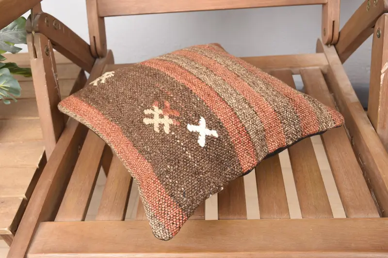 Vintage Pillow, Rustic Cushion Case, 12x12 Brown Cushion Cover, Ethnical Kilim Rug Pillow, Turkish Pillow, Traditional Pillow, Pillow Sham - 4