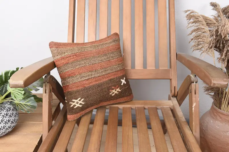 Vintage Pillow, Rustic Cushion Case, 12x12 Brown Cushion Cover, Ethnical Kilim Rug Pillow, Turkish Pillow, Traditional Pillow, Pillow Sham - 1