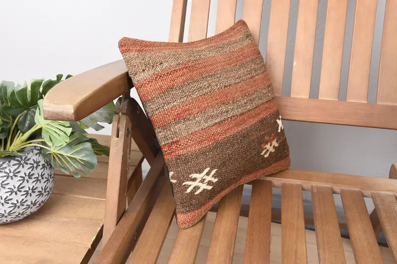 Vintage Pillow, Rustic Cushion Case, 12x12 Brown Cushion Cover, Ethnical Kilim Rug Pillow, Turkish Pillow, Traditional Pillow, Pillow Sham - 2