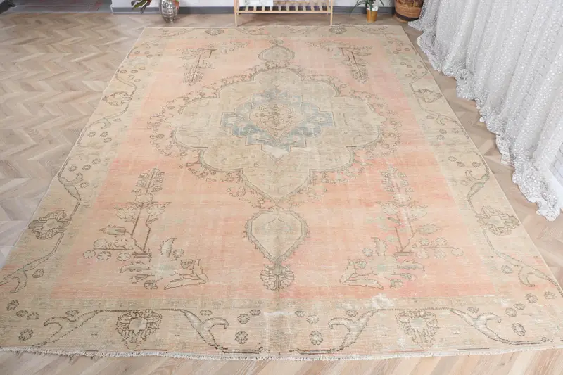 Alfombra de cuadros naranja y beige hecha a mano, 0,8x12,4 pies