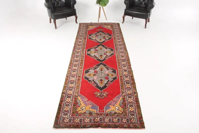 Vintage Oushak Rug 3.7x11.5 ft (112x352 cm), Red Floral Turkish Rug - 1