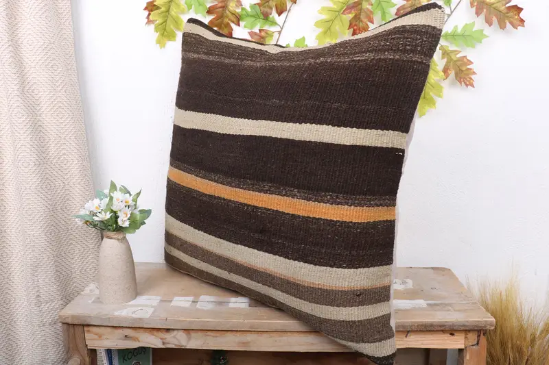 24x24 Brown Pillow Sham, Vintage Kilim Throw Pillow, Turkish Kilim Pillow, Throw Kilim Pillow, Sofa Bolster Pillow Sham, Cushion - 4