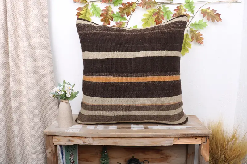 24x24 Brown Pillow Sham, Vintage Kilim Throw Pillow, Turkish Kilim Pillow, Throw Kilim Pillow, Sofa Bolster Pillow Sham, Cushion - 1