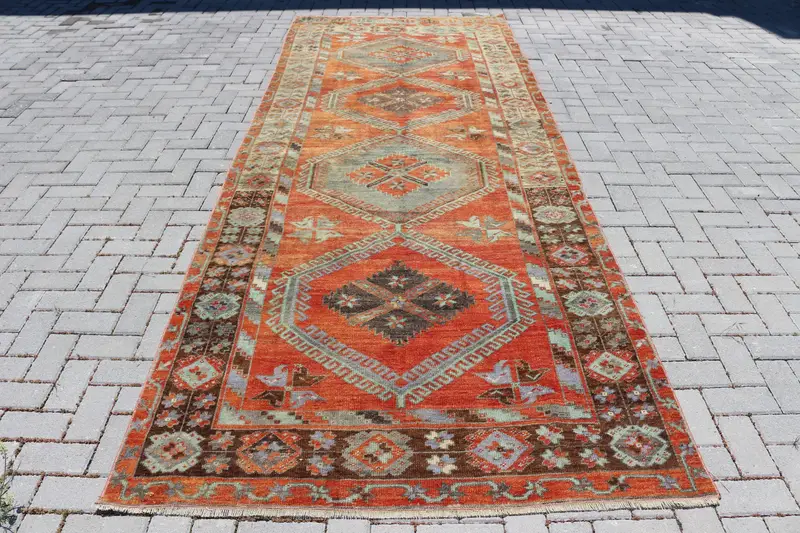 Türkischer 4,8x12,5 ft Teppich, Läufer Vintage Teppich, Rot Blau Patchwork Teppich - 1