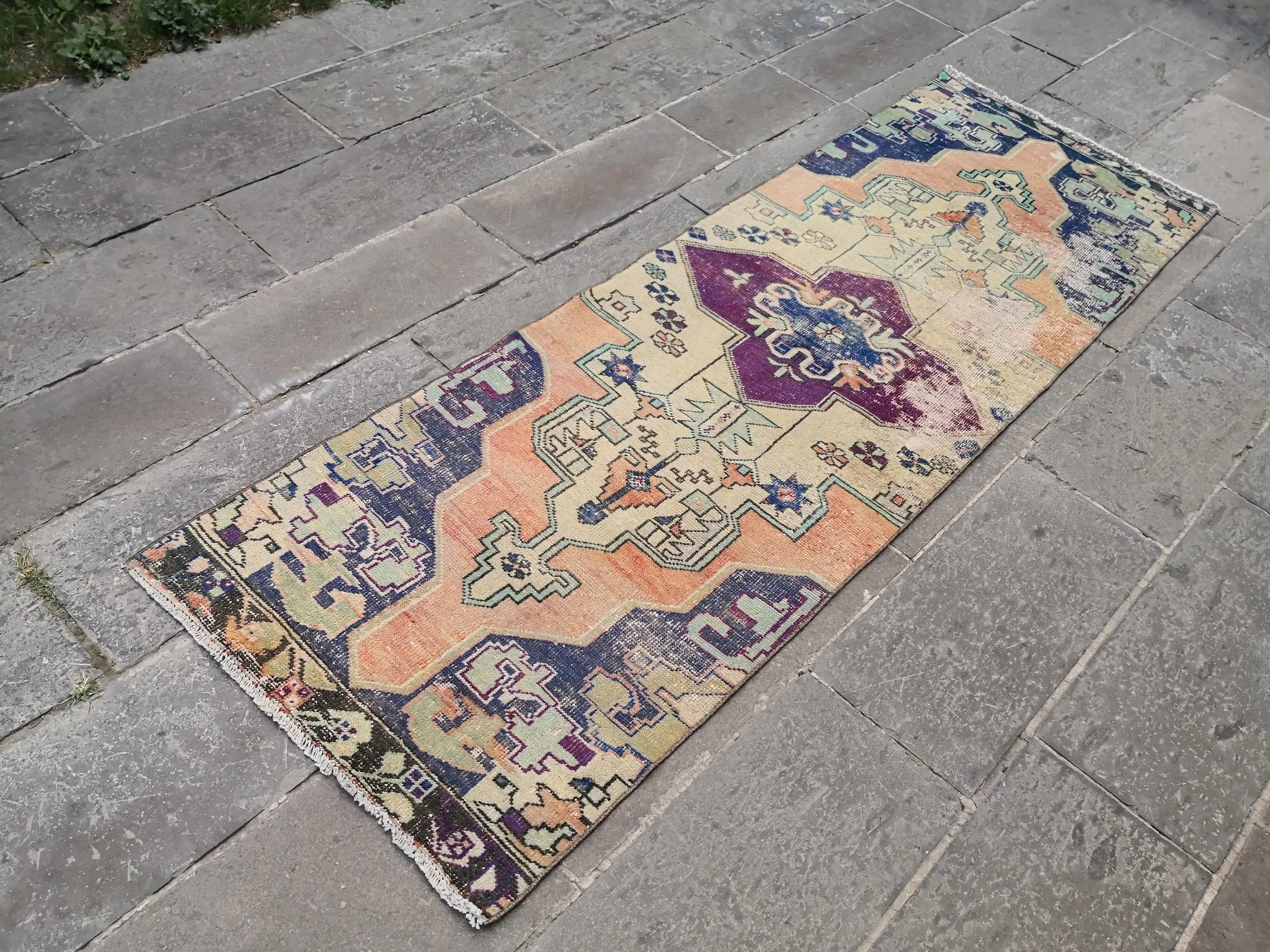 2.6x8 ft Turkish Vintage Rug, Runner Rug, Blue Oriental Rug - 1