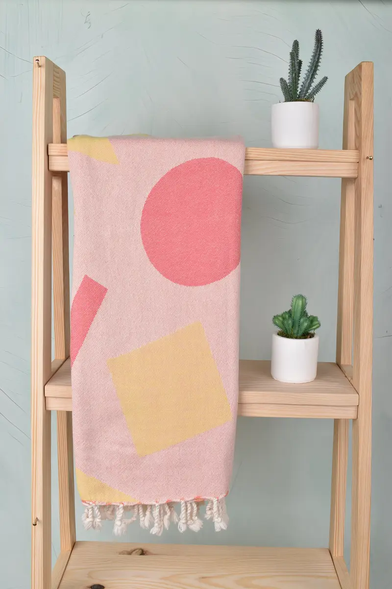 Embroidered Beach Towel Pink-Yellow Geometric, Organic Cotton/Linen, 40x71 Inches