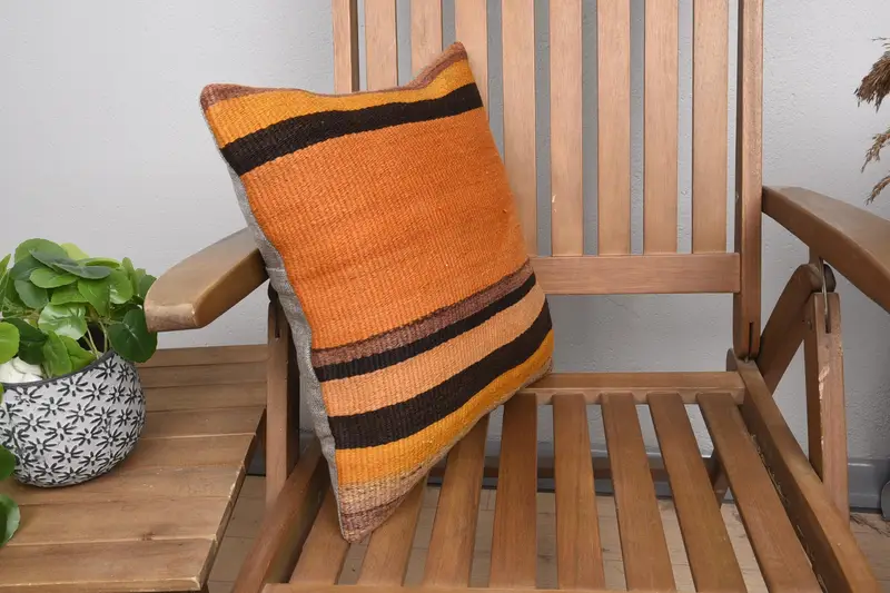 Home Decor Pillow, Pillow Case, 16x16 Orange Cushion Cover, Throw Kilim Pillow, Cozy Throw Pillow Sham, Turkish Pillow, Living Room Throw Pillow - 2