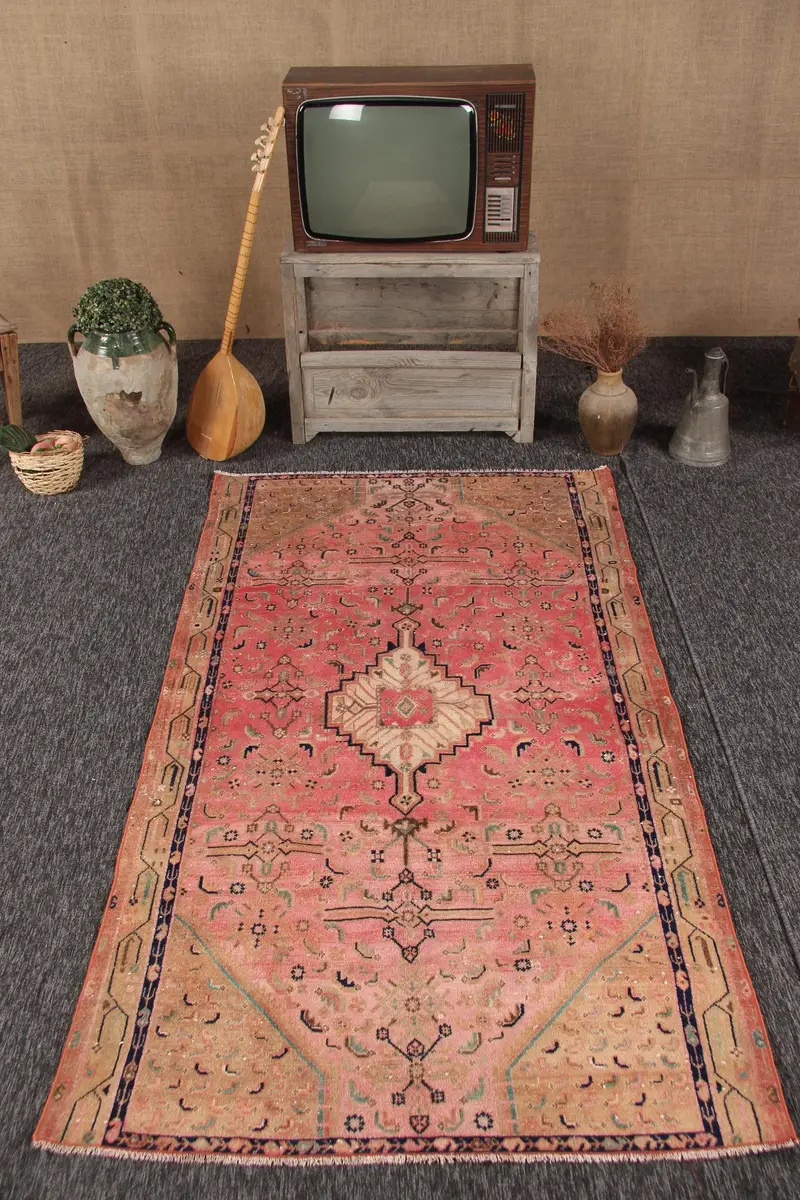 Vintage 4x7.2 ft Halı, Alan Türk Halısı, Kırmızı Fas Yün Halısı - 1