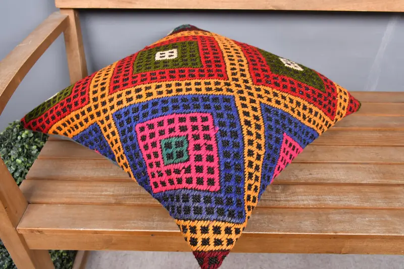 Vintage Pillow, Kilim Pillow Cover, 20x20 Blue Pillow Cover, Retro Throw Pillow Case, Cushion Cover, Kilim Cushion Sham - 2