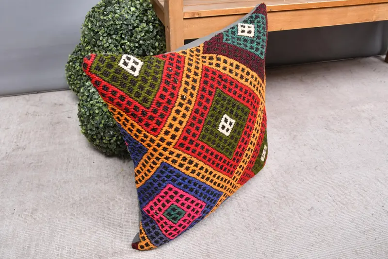 Vintage Pillow, Kilim Pillow Cover, 20x20 Blue Pillow Cover, Retro Throw Pillow Case, Cushion Cover, Kilim Cushion Sham - 7