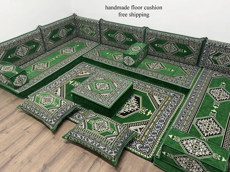 モジュール式オットマンセット、グリーンウールブレンドクッション付き、ビクトリア朝オットマン