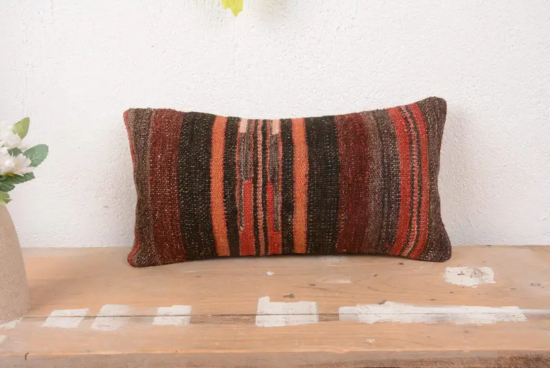 Braun & Orange gestreiftes Kissen, besticktes Vintage Wurfkissen