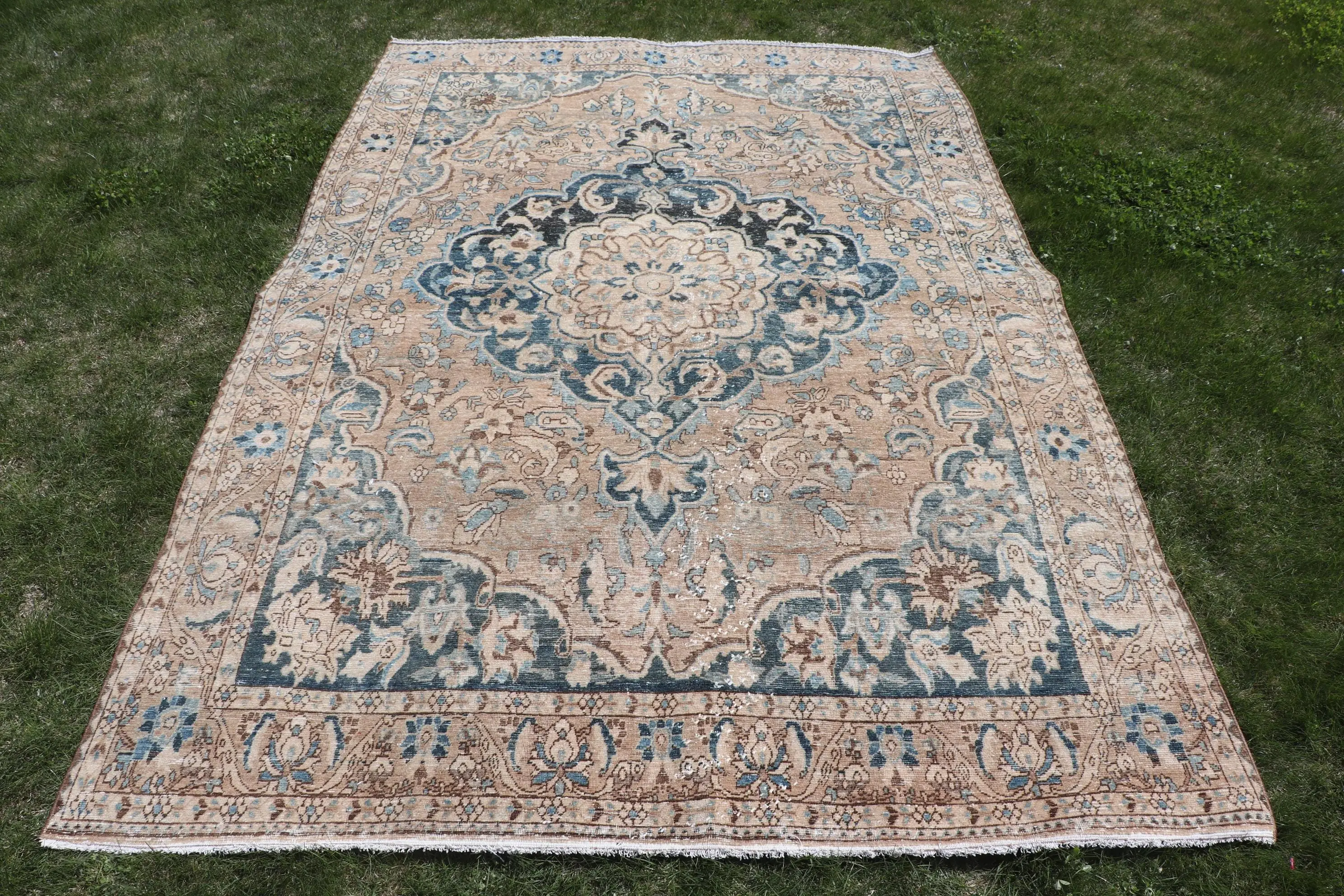 Vintage 6.9x10.2 ft Rug, Oversize Turkish Rug, Blue Floral Wool Rug - 1