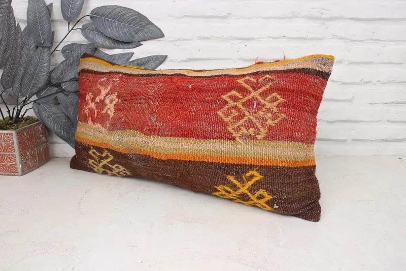 Ethnical Kilim Rug Pillow, Knitted Pillow Case, 12x24 Red Pillow Case, Pillow Sham, Vintage Pillow, Bed Cushion Case, Interior Designer Pillow - 4