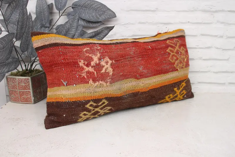 Ethnical Kilim Rug Pillow, Knitted Pillow Case, 12x24 Red Pillow Case, Pillow Sham, Vintage Pillow, Bed Cushion Case, Interior Designer Pillow - 3