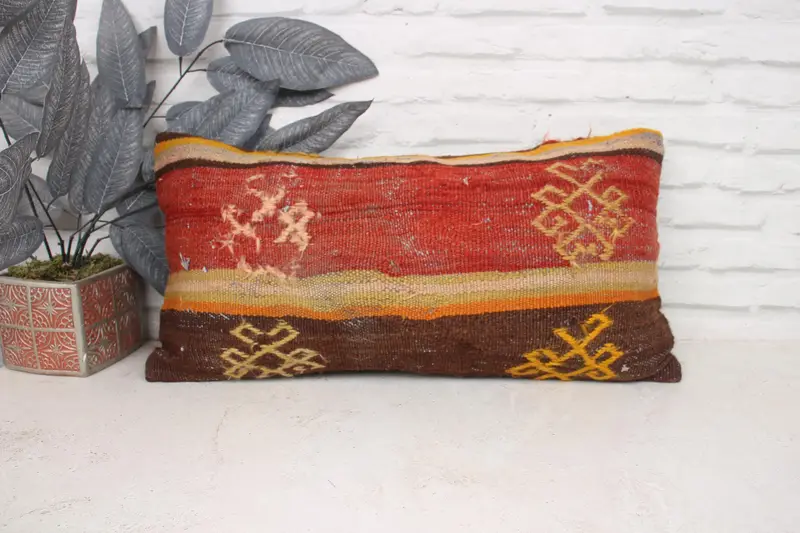 Ethnical Kilim Rug Pillow, Knitted Pillow Case, 12x24 Red Pillow Case, Pillow Sham, Vintage Pillow, Bed Cushion Case, Interior Designer Pillow - 1