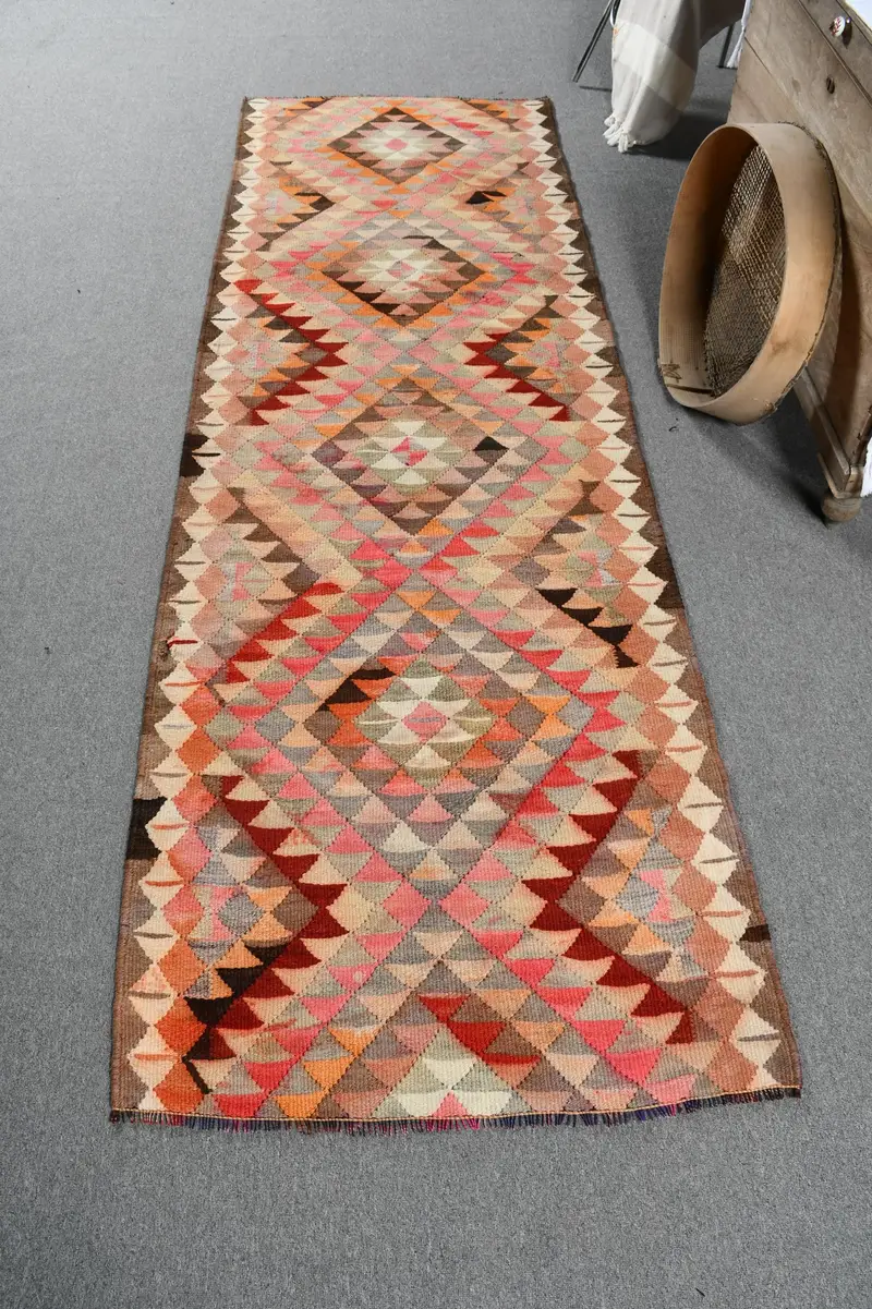3x9.2 ft Kilim Turkish Rug, Red Polka dot Vintage Rug Wool - 1