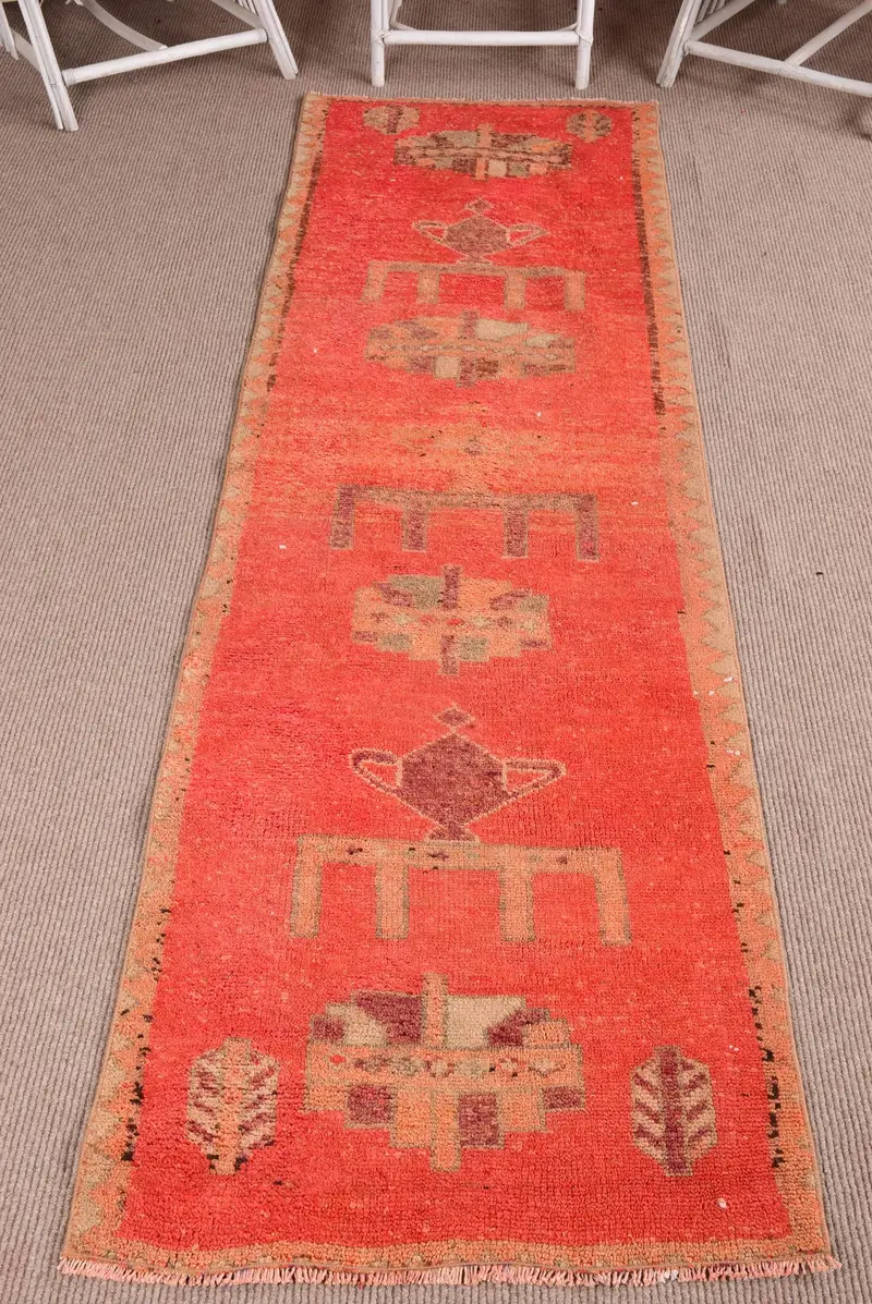 2.6x9.5 ft Vintage Runner Halı, Kırmızı Kahverengi Türk Soyut Yün Halı - 1