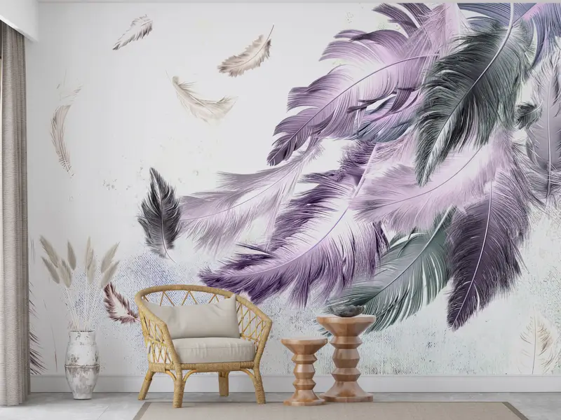 Zeitgenössische Tapete mit Federn in Lila: Sanfte Töne, gedruckte Eleganz