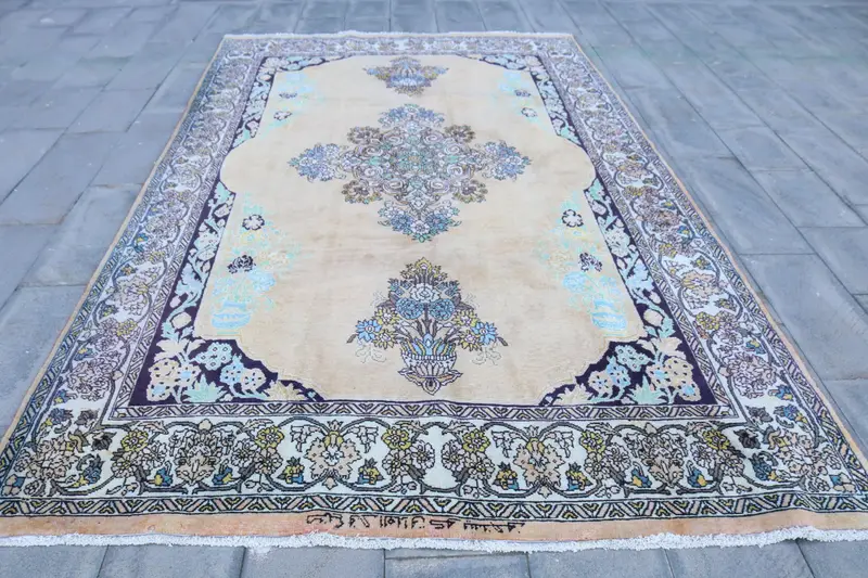 Alfombra vintage extragrande de 7x12,9 pies, alfombra turca con estampado animal azul - 1