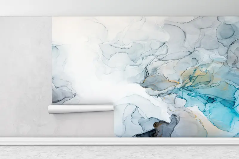 Blue Wall Decor, Bright Wall Paper, , Wall Paper Peel and Stick, Custom Wall Paper, Blue Marble Wall Painting, Gray Marble Wall Paper, - 1