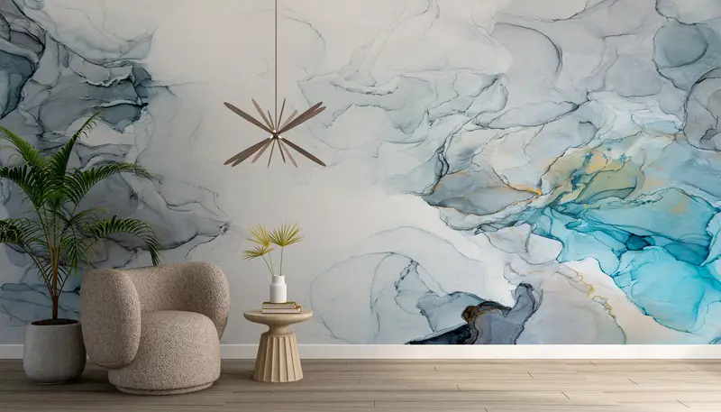 Blue Wall Decor, Bright Wall Paper, , Wall Paper Peel and Stick, Custom Wall Paper, Blue Marble Wall Painting, Gray Marble Wall Paper, - 3