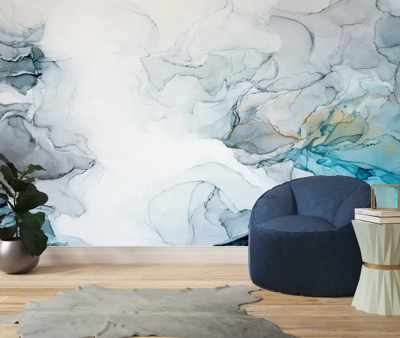 Blue Wall Decor, Bright Wall Paper, , Wall Paper Peel and Stick, Custom Wall Paper, Blue Marble Wall Painting, Gray Marble Wall Paper, - 2