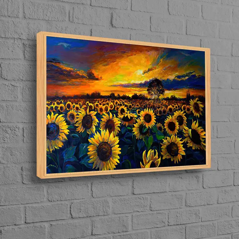 夕日の自然の風景キャンバス: ひまわり畑のセレニティ プリント