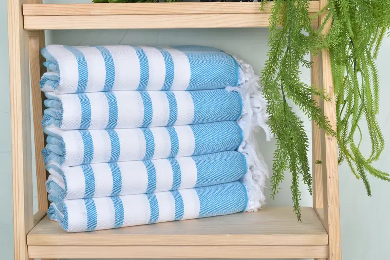 Turquoise Cotton Towel Chevron, 36x67 Inches, Organic Cotton/Linen