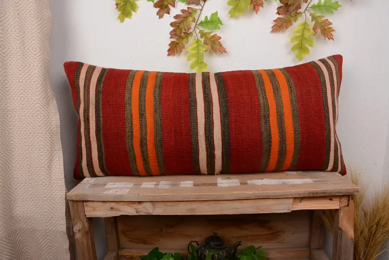 Red and Orange Striped Throw Pillow, Handmade Embroidered Cushion