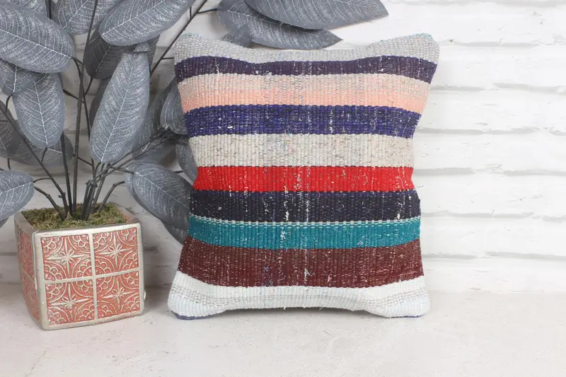 Vintage Kilim Throw Pillow, 12x12 Blue Pillow Sham, Outdoor Bolster Pillow Case, Turkish Pillow, Ethnic Pillow, Cushion Cover, Vintage Pillow - 1