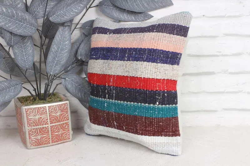 Vintage Kilim Throw Pillow, 12x12 Blue Pillow Sham, Outdoor Bolster Pillow Case, Turkish Pillow, Ethnic Pillow, Cushion Cover, Vintage Pillow - 3